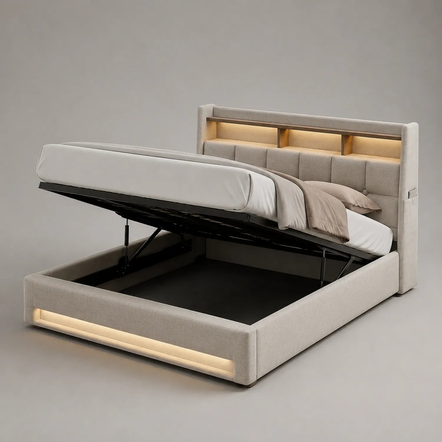 Holz- und Stoffbett mit Stauraum und LED-Beleuchtung 200x160cm Beige