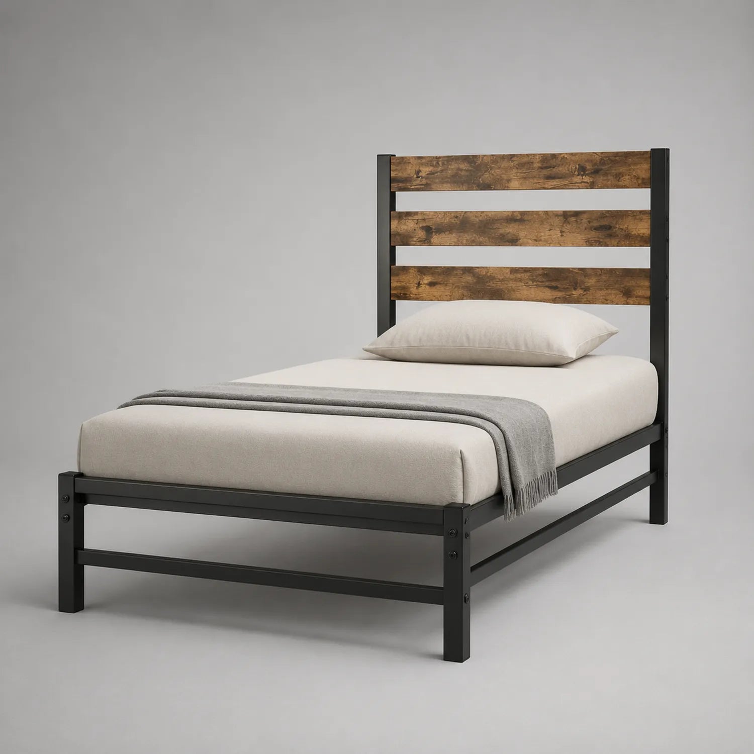 Einzelbett mit Stahlrahmen und Holzkopfteil 200x100 cm Schwarz/Braun