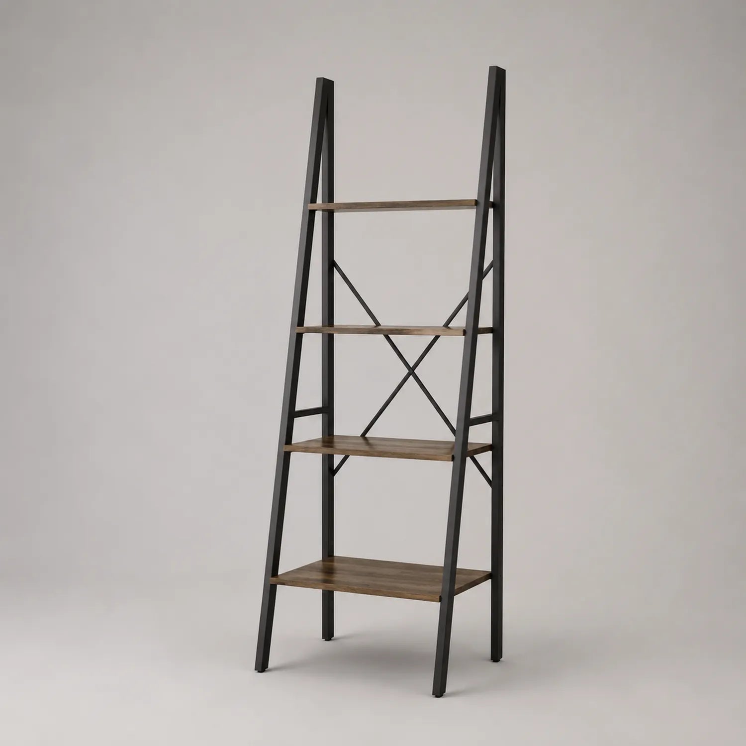 Holz-Metall-Leiterregal mit 4 Ebenen in Schwarz/Braun 180cm