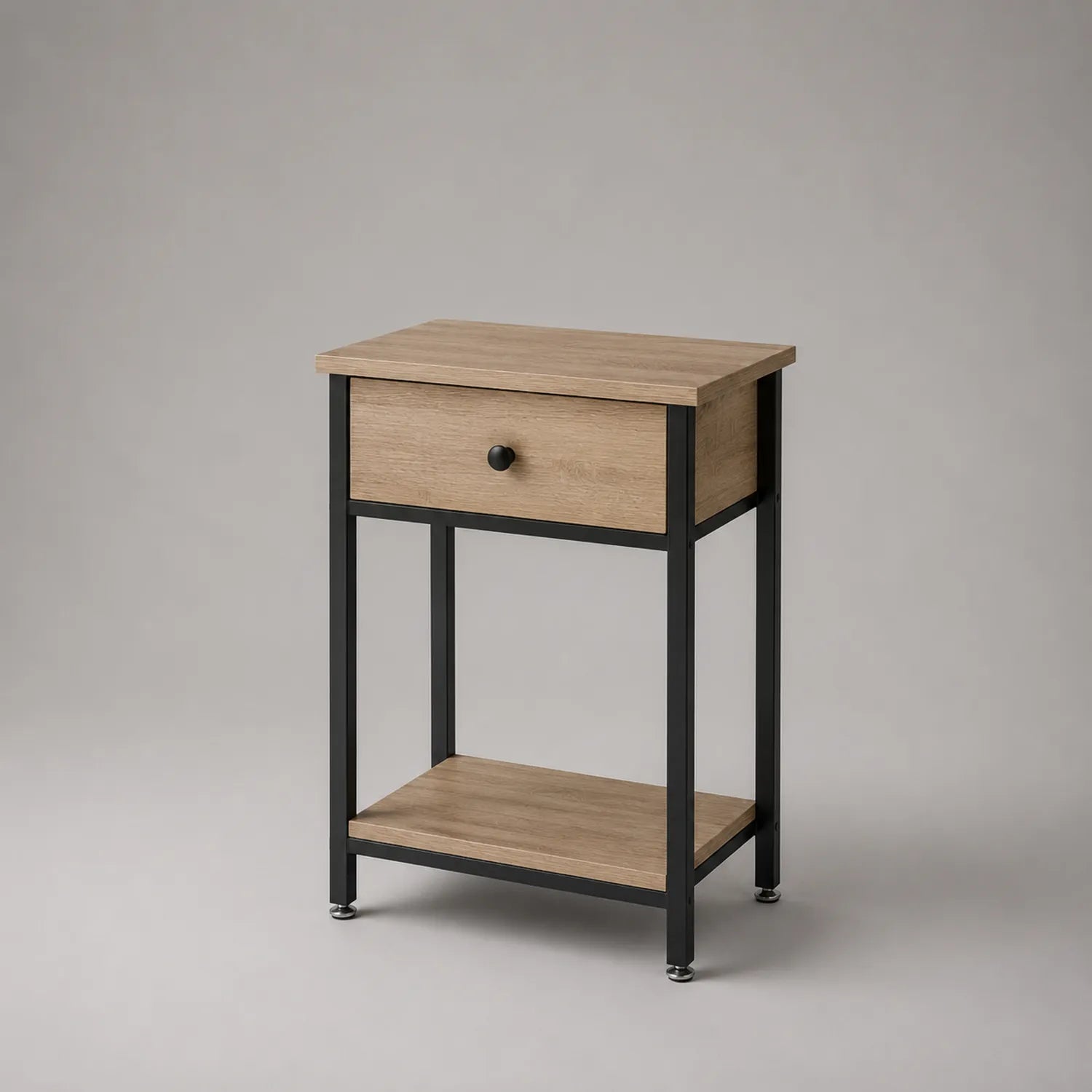Nachttisch Holz Metall mit Schublade und Regal, Eichenfurnier