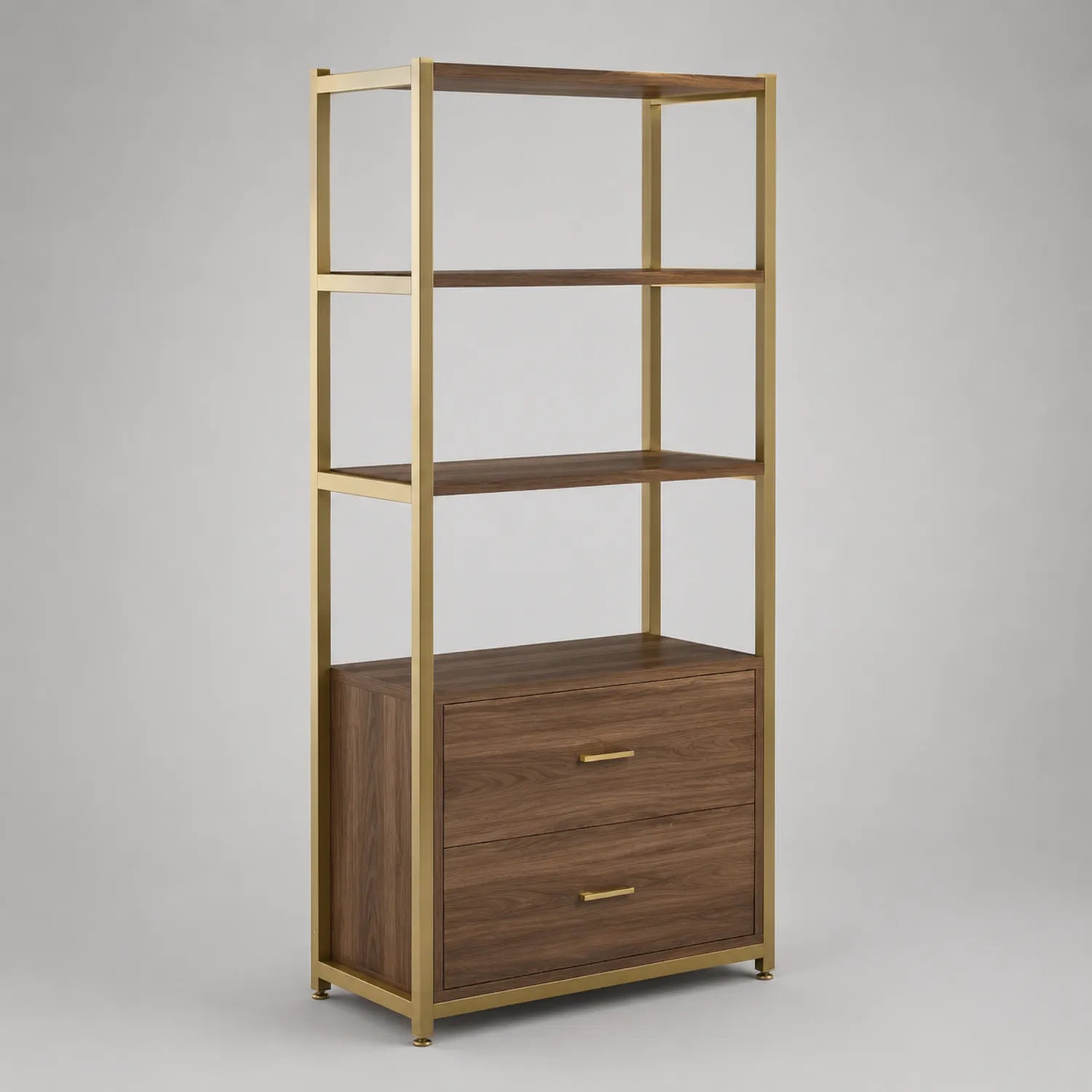 Bücherregal aus Walnussholz mit 2 Schubladen und Goldrahmen 180x80x40cm