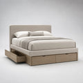 Holzbett mit Leinen-Kopfteil und Schubladen Beige