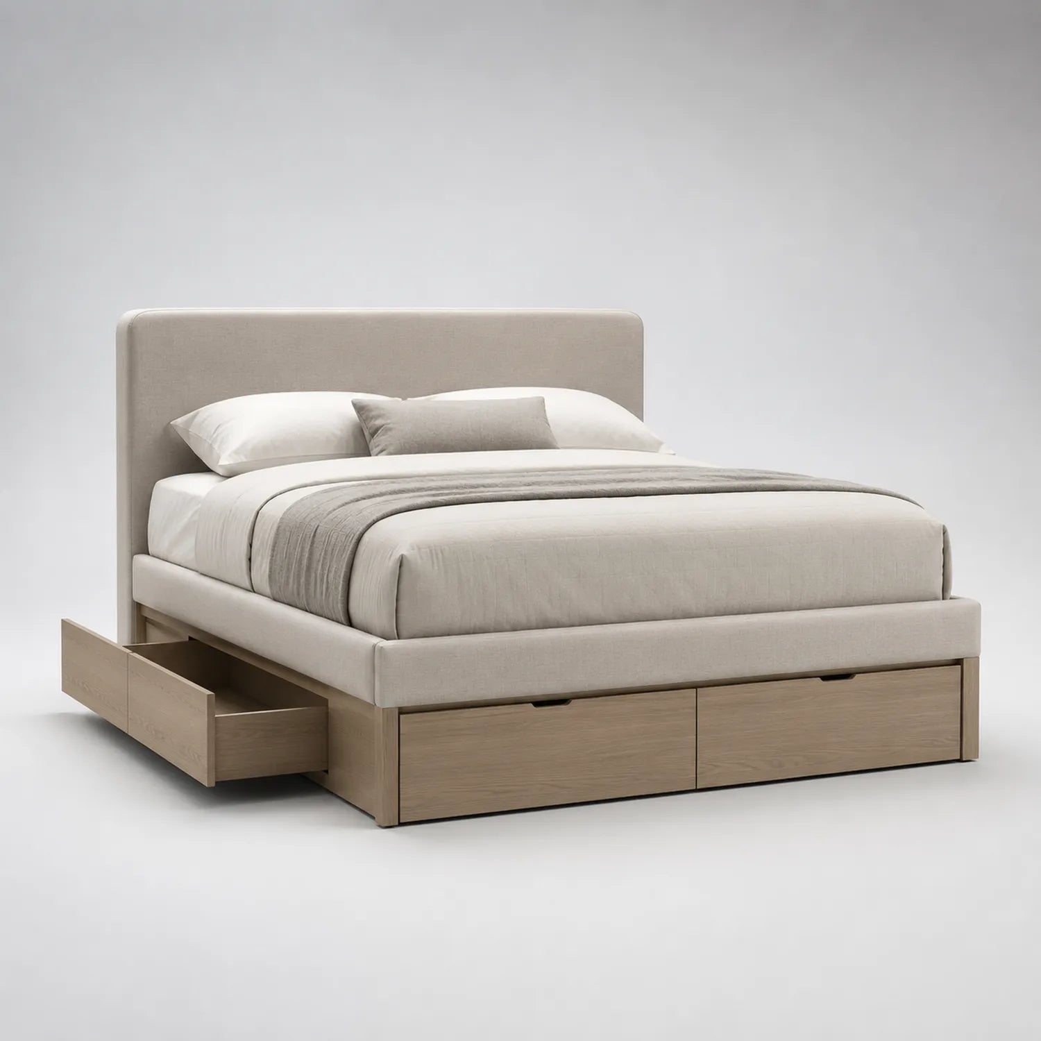 Holzbett mit Leinen-Kopfteil und Schubladen Beige