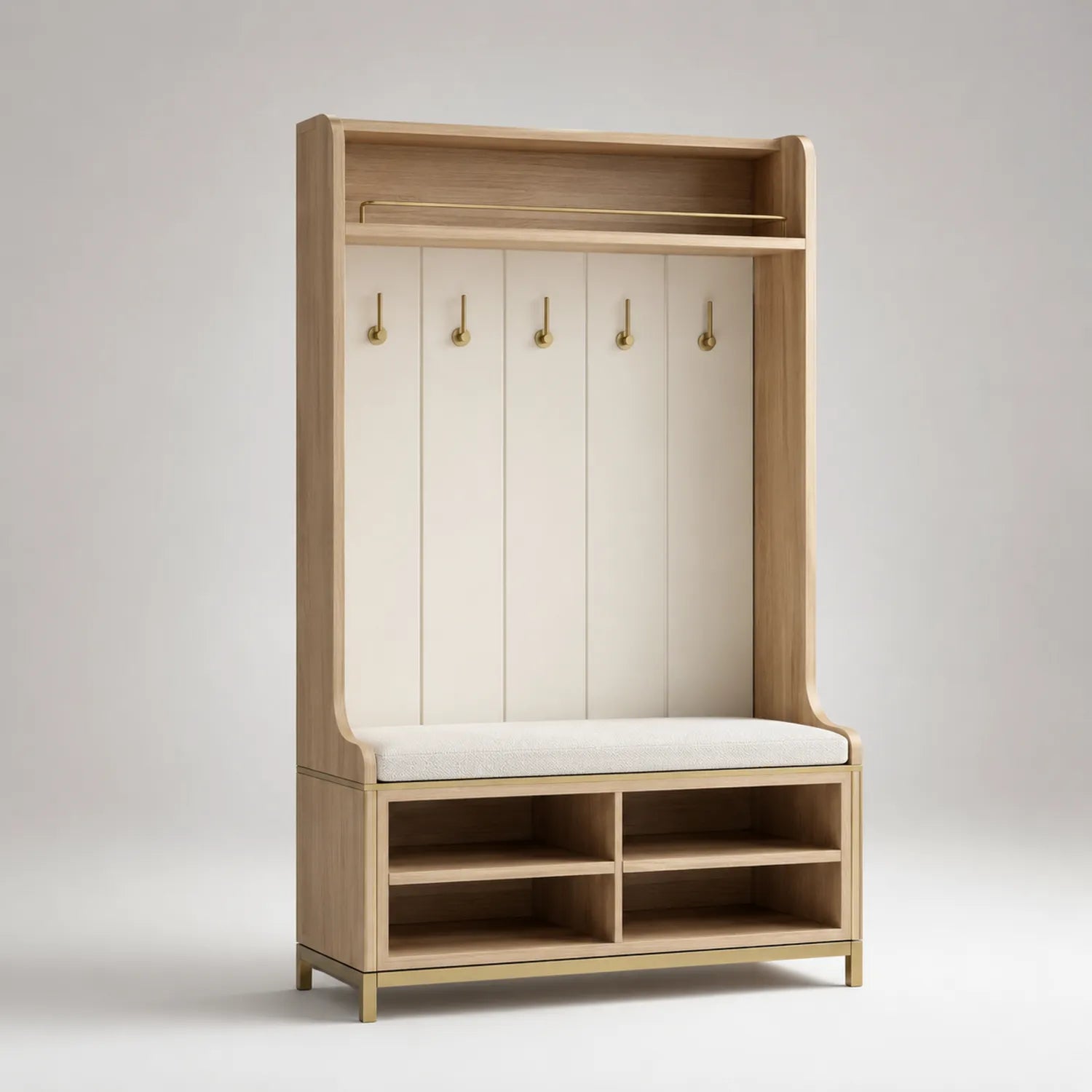 Eichenholz Garderobenständer mit Sitzbank und Regalfächern Beige 200x120x45 cm