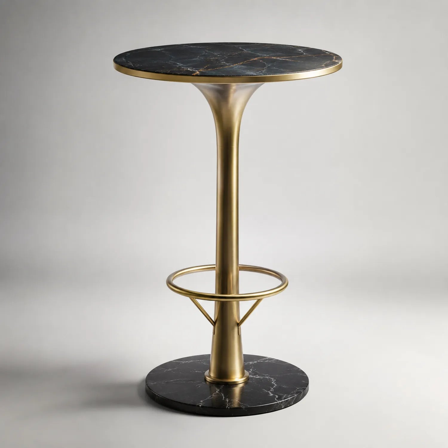 Runder Stehtisch mit Marmorplatte und Metallfuß, Schwarz/Gold