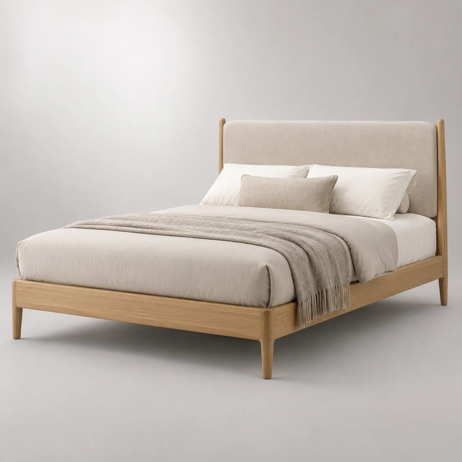 Doppelbett mit Eichenholzgestell und Leinen-Kopfteil Beige 200x160 cm
