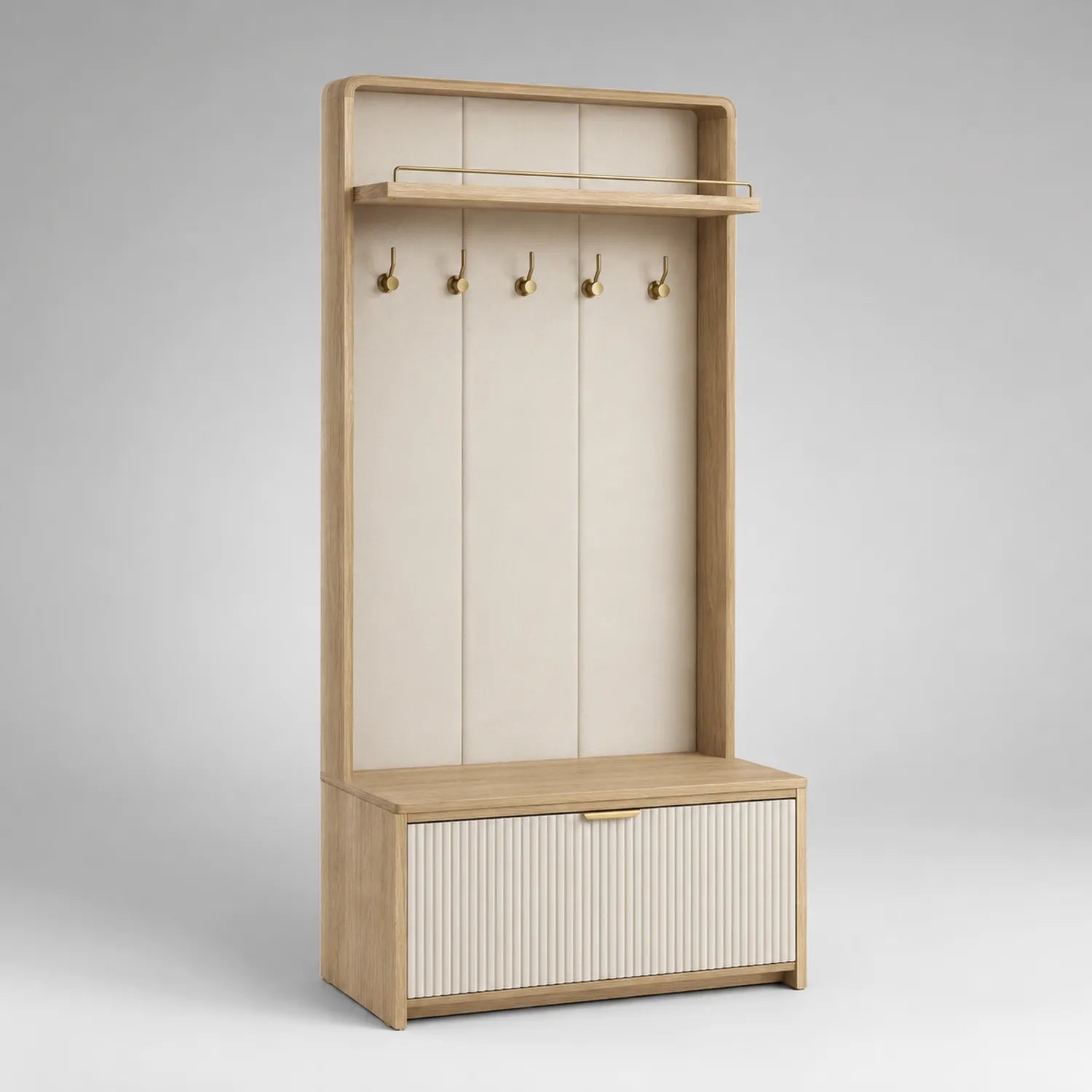 Garderobenständer aus Eichenholz und MDF mit Stauraum Beige 200x40x90 cm