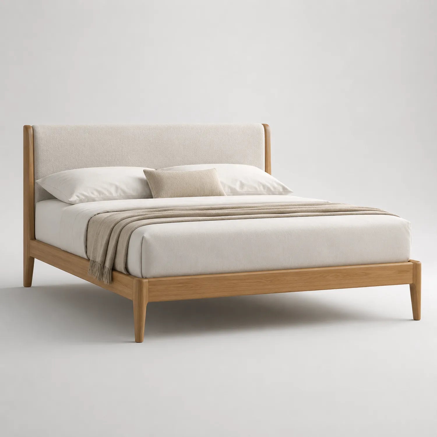 Holzbett mit Leinenkopfteil 200x180 cm Eiche Beige