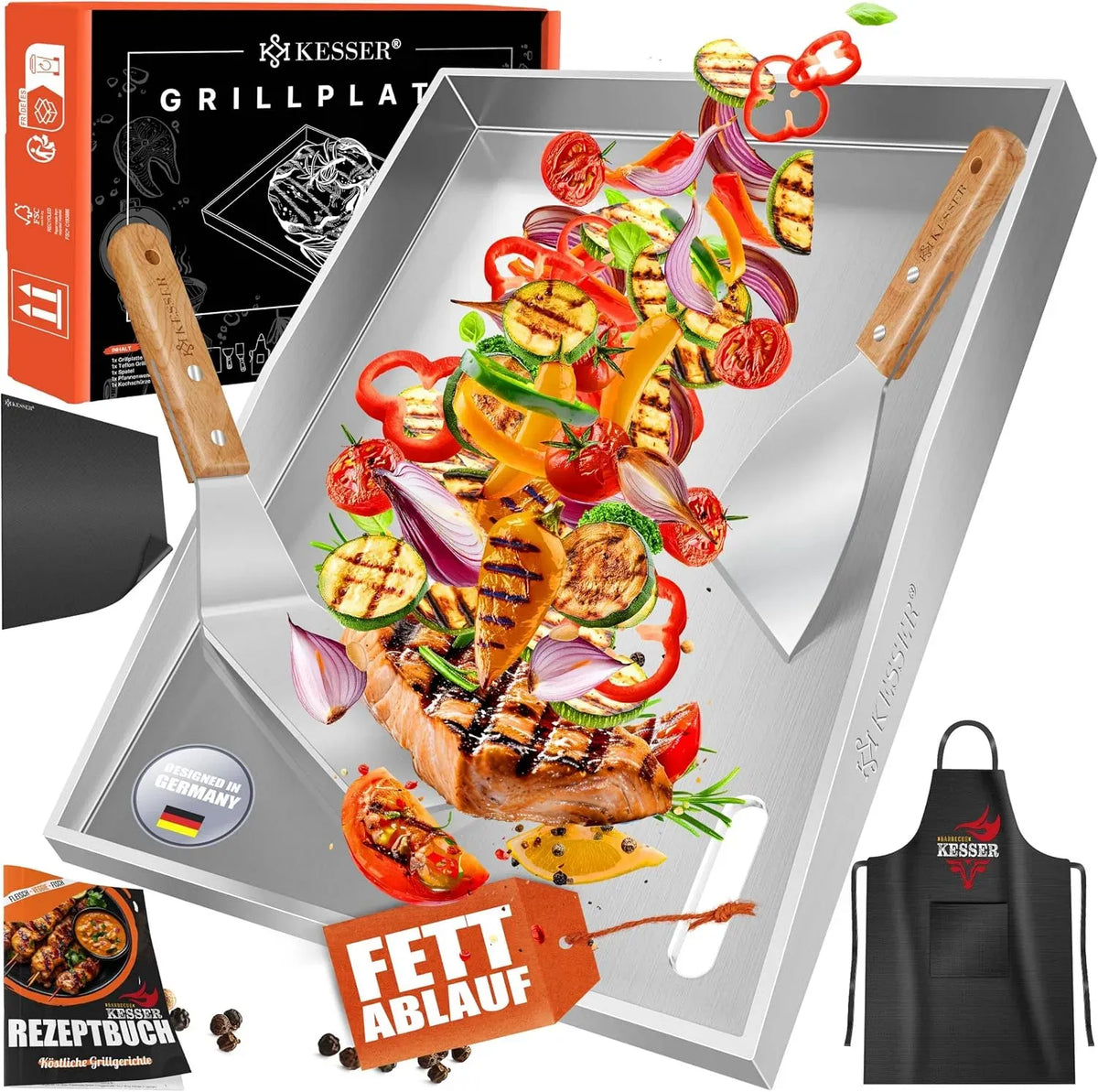 Geschirrspüler, 40x30cm, Spülmaschine, Grill, Edelstahl, Grillmatte & Rezeptbuch, Grillschürze, 2 Spatel