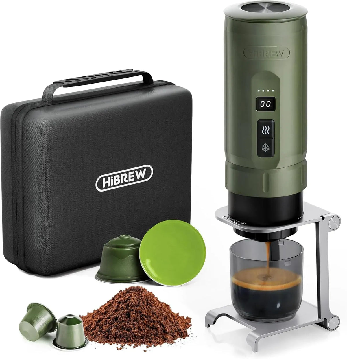 Espressomaschine, HIBREW H4C, tragbar, Camping, Grün, Klappbarem Halter und Tragetasche, Aufladbare Kaffeemaschine für Camping und Reisen
