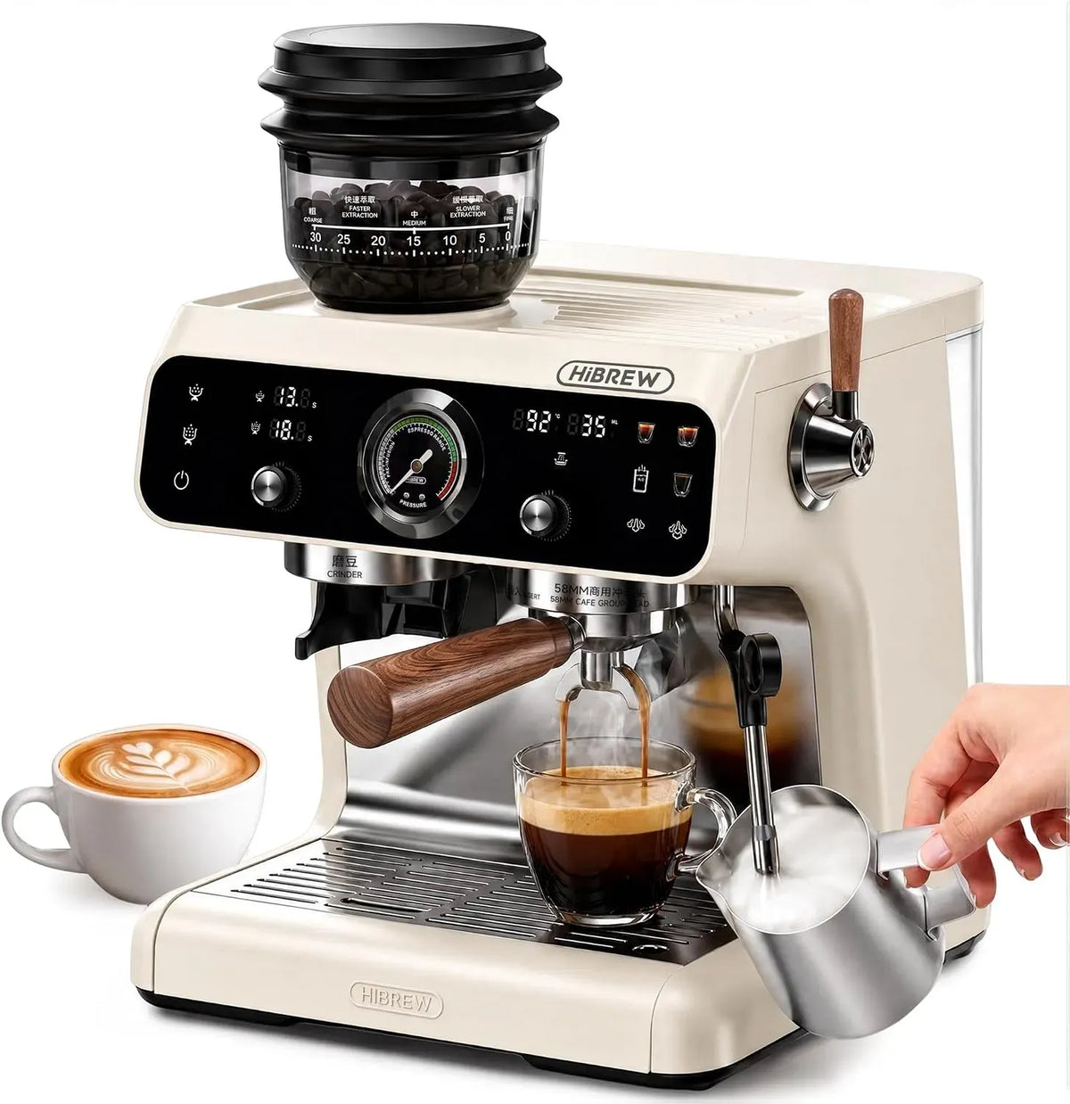 Espressomaschine H7B, 2,8 L, 2800 W, großer Wassertank, 30 Positionen konischer Brenner, 2800 W Steam Wand, 58 mm Portafilter, PID Control