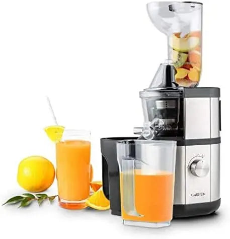 Klarstein Entsafter, 400 W, leise, Edelstahl, Silber, Umdrehungszahl 60 Um/Min, extrem feine Edelstahl-Mikrosieb, 8,5cm Einfüllrohr, BPA-frei