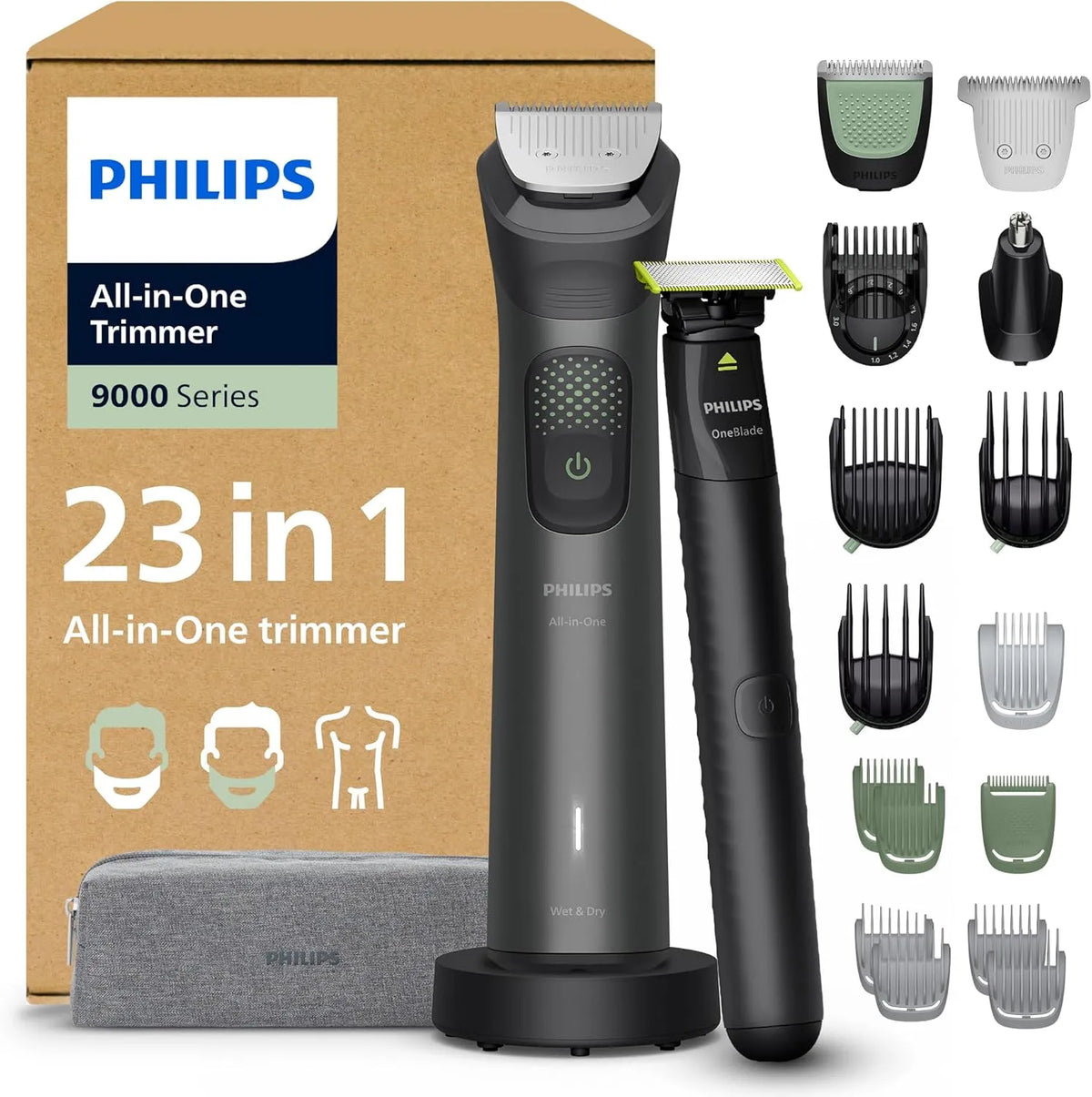 Philips Series 9000 23-teiliger Haarschneider, 27 L, 20 mm, IPS-Panel, für Gesicht