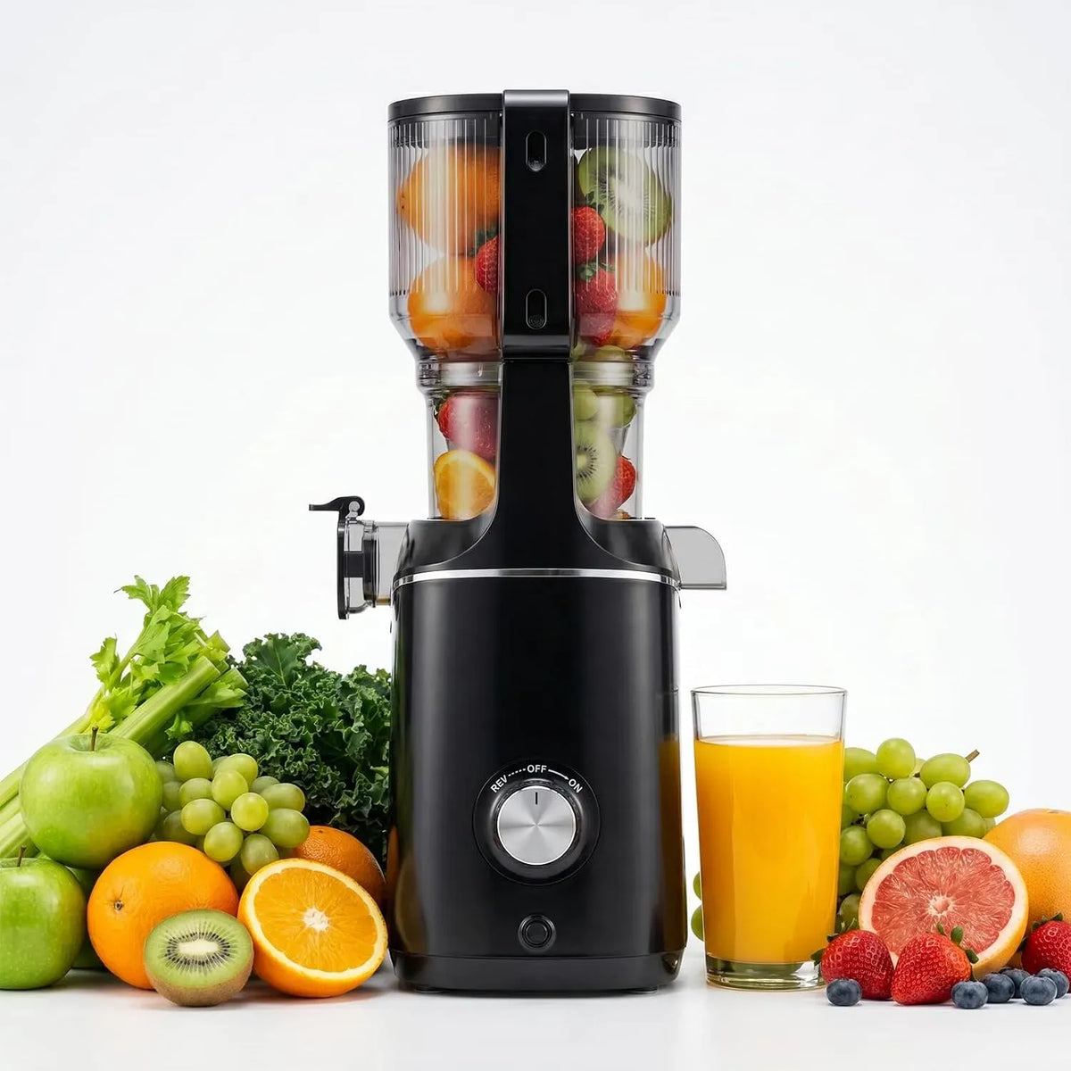 Entsafter, 1,8 L, 70 dB, leise, Schwarz, 130mm XL-Einfüllschacht Slow Juicer, 800ml Saftbehälter, 1,8L Saftpresse für Ganze Früchte, BPA-Frei