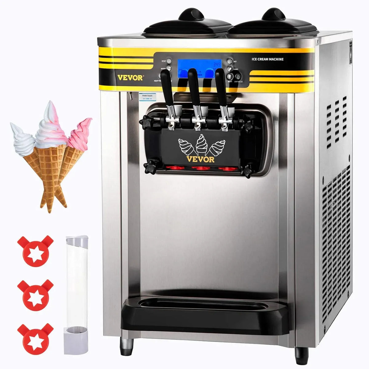 VEVOR Profi-Eismaschine, Softeismaschine, Speiseeismaschine, 30 L/h, LCD-Display, gewerblich, Gastronomie, Edelstahl, für Gastronomie & Gewerbe