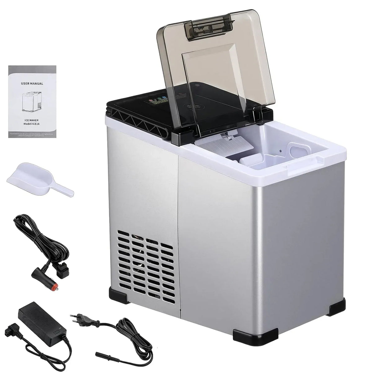 Eiswürfelmaschine ICE16, 1,5 L, 12 V, 45 dB, tragbar, großer Wassertank, gewerblich, leise, Camping, Tragbarer Eiswürfelbereiter mit Kompressor