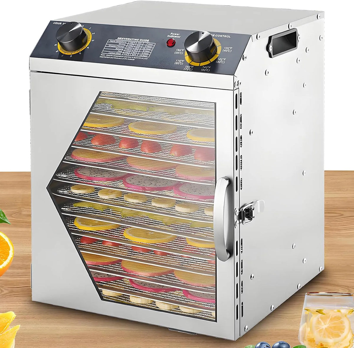 12tiers Trockenschrank, Dörrautomat, Dörrgerät, Lebensmitteltrockner, 28,5×20cm, 40 bis 90 °C, 20 cm, 25 mm, Timer, 2 Temperaturzonen, Edelstahl