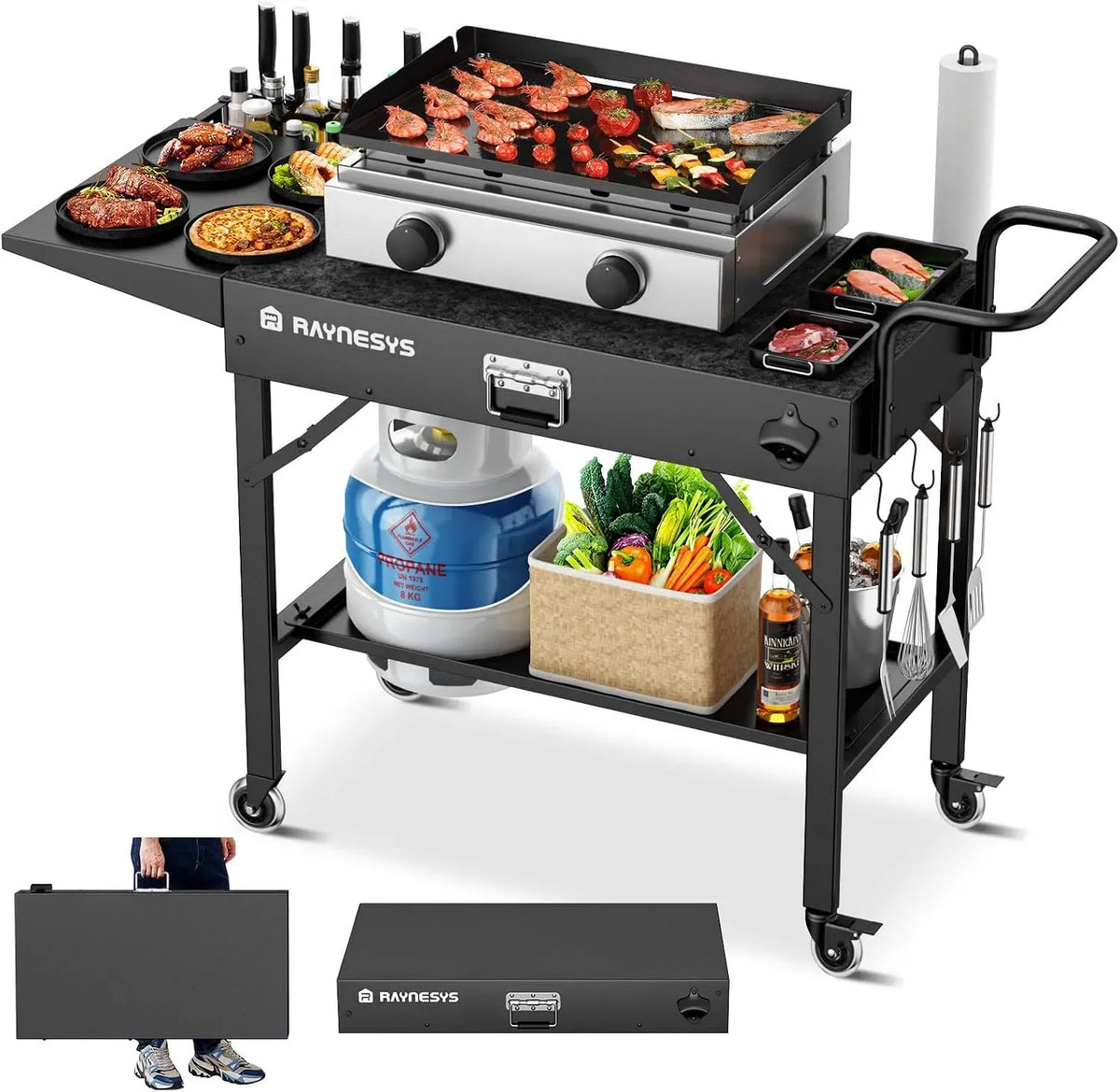 Elektrischer Pizzaofen, 17 Zoll, tragbar, Outdoor, Grill, Camping, Tragbarer Grillstand für Garten, Campingtisch mit großer Ablagefläche