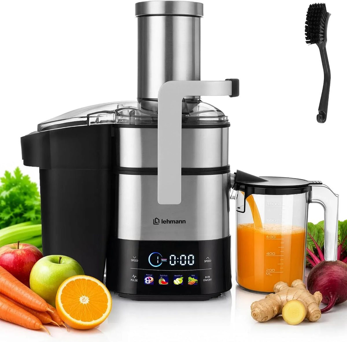 Entsafter, LEHMANN, Touch-Bedienung, Edelstahl, 1000 ml Saftbehälter, XXL Einfüllschacht 80 mm, LED-Touchscreen, 6 Geschwindigkeitsstufen, BPA-frei