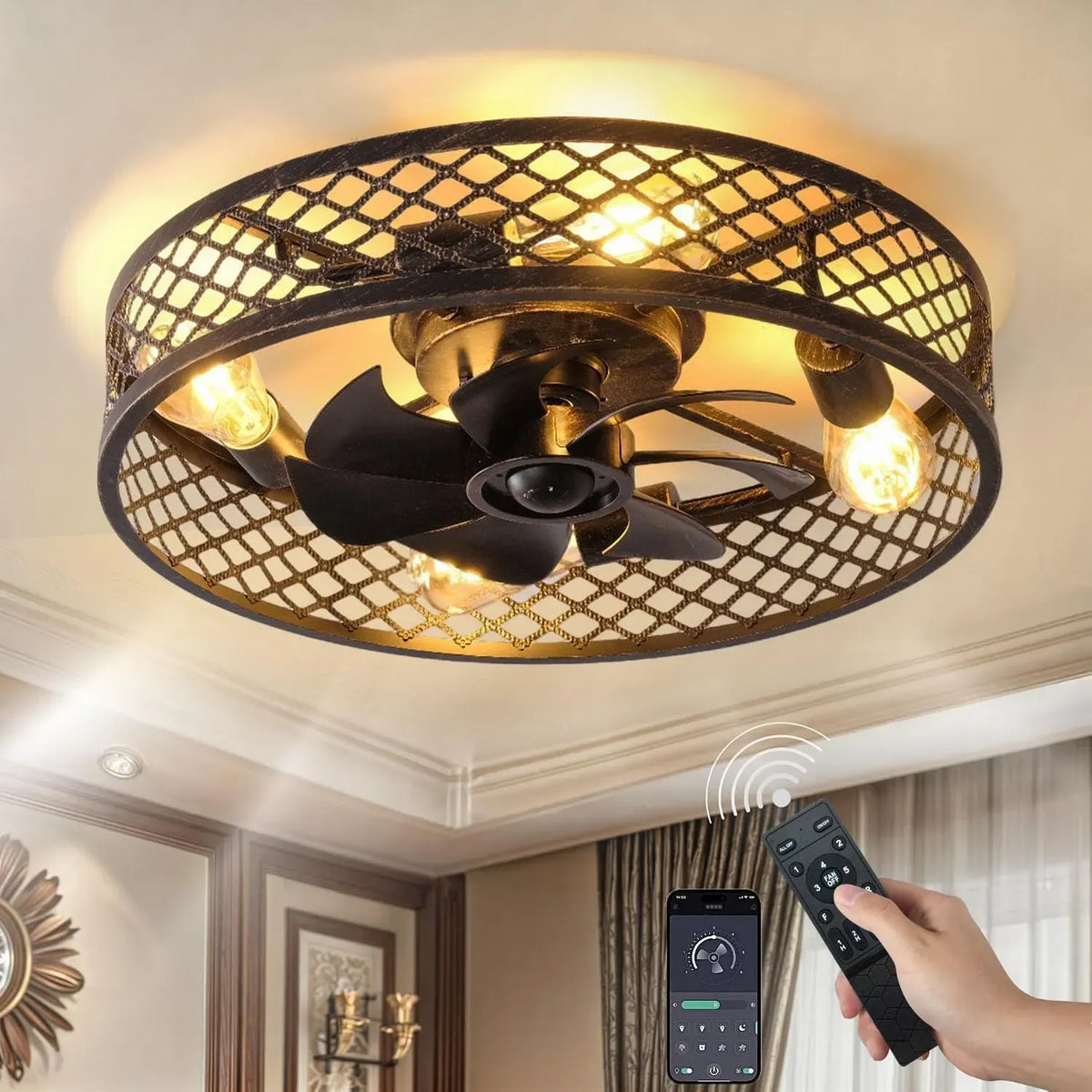 Ventilator E27, Timer, Industrie, Wohnzimmergestaltung, leise, Schwarz, Timer für Wohnzimmer Esszimmer, Enthalten 4 GlüHbirnen, APP