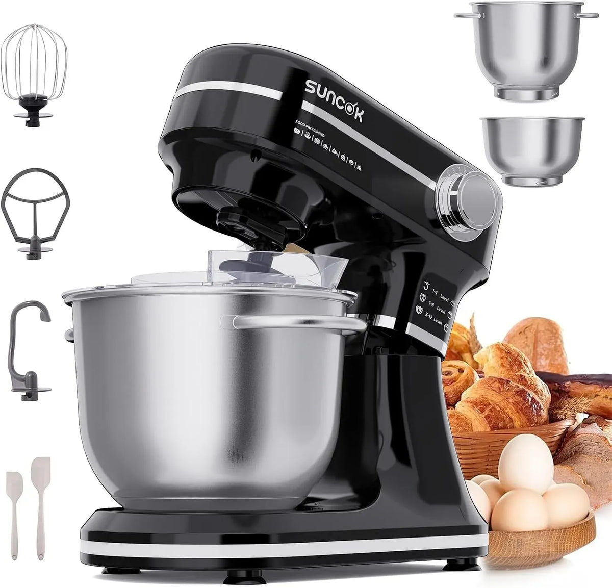 Küchenmaschine, 5,5 L, 1500 W, Küchenmaschine B03B, Timer, leise, Edelstahl, Schwarz, 2x Edelstahlschüsseln 4,5/5,5L, 12 Stufen