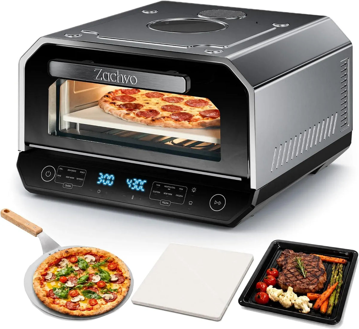 Elektrischer Pizzaofen, 6 Programme, Neapolitanische Pizza in 90 Sek, Pizzaschaufel & Pizzastein & Backblech, 6 Programme & & 6 Kochmodi