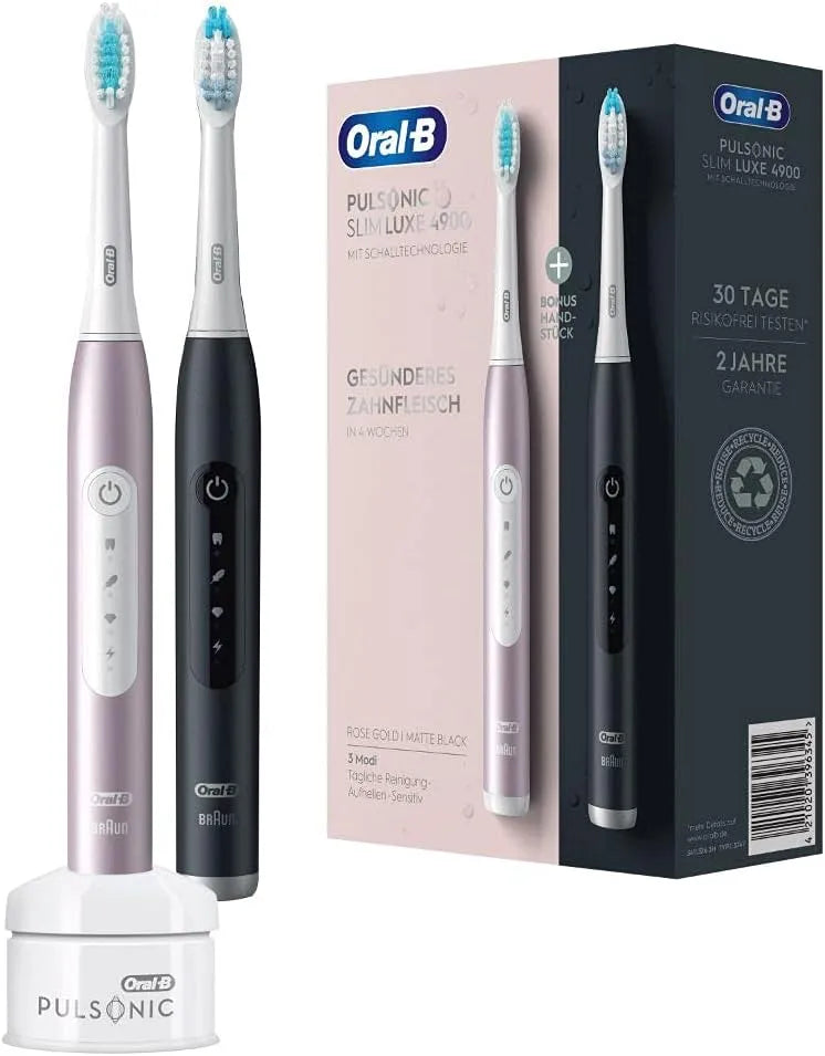 Braun Designed by, Geschenk Mann/Frau, Oral-B Pulsonic Slim Luxe 4900 Elektrische Schallzahnbürste/Electric Toothbrush, Doppelpack 2 Aufsteckbürsten
