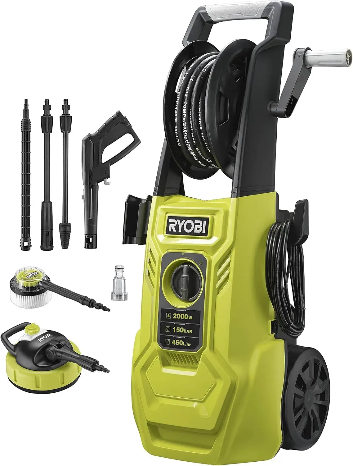 Hochdruckreiniger, 1800 W, RYOBI, 150 bar Druck, 450 l/h Fördermenge, 40° Wassertemperatur, 8m stahlarmierter Schlauch, 5m Kabel