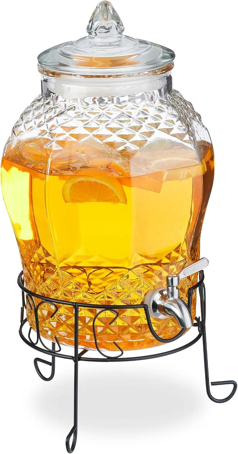 Getränkespender, Wasserspender, Limobehälter, Getränkedispenser, 8 L, Edelstahl, Glas