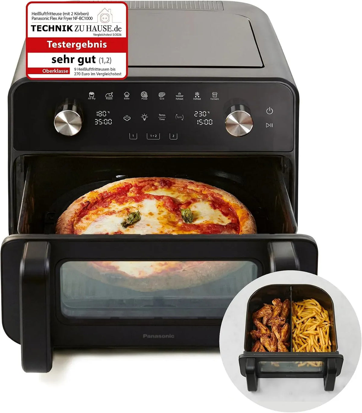 Panasonic NF-BC1000 Heißluftfritteuse, 9,6 L, 30 bis 230 °C, Dampf, herausnehmbar, Schwarz, Herausnehmbarer Trennsteg für 2 Garzonen, Schondampf