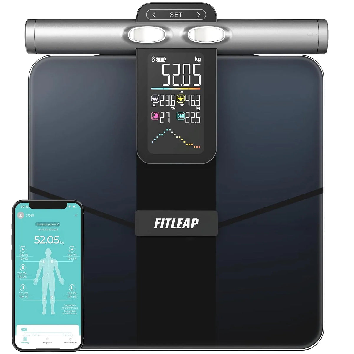Körperfettwaage, Personenwaage, 8 Elektroden, Fitleap Körperfettwaage mit Griff