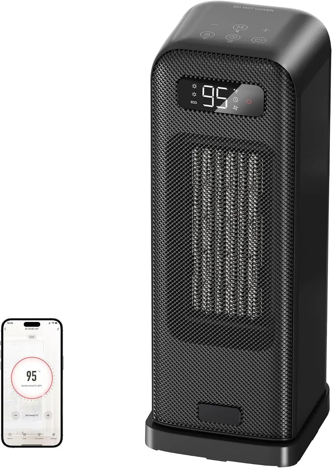 Google 12-Std-Timer Pack+4 Elektroheizung, 1500 W, tragbar, leise, Google Assistant, Alexa und Siri, Schwarz, 70° Oszillierwaend, 1 Modi