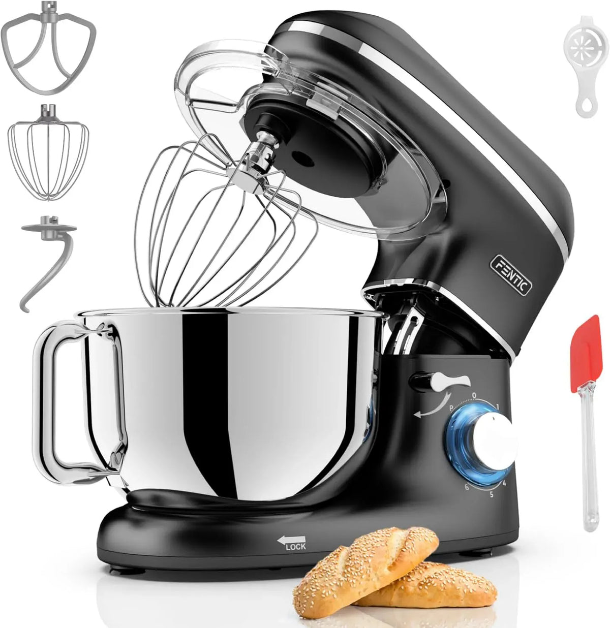 Küchenmaschine, 6,2 L, 2000 W, Edelstahl, Schwarz, Edelstahl Rührschüssel