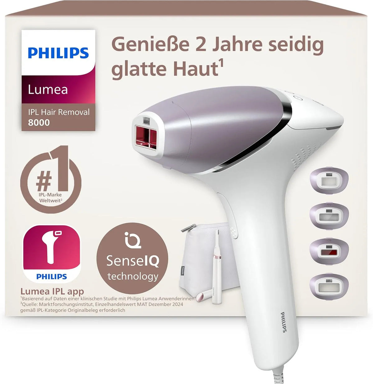 Philips IPL 8000 BRI949/00 IPL Geräte Haarentfernung für bis zu 2 Jahre seidig-glatte Haut¹ mit 4 Aufsätzen für Körper & Gesicht, Alternative zur