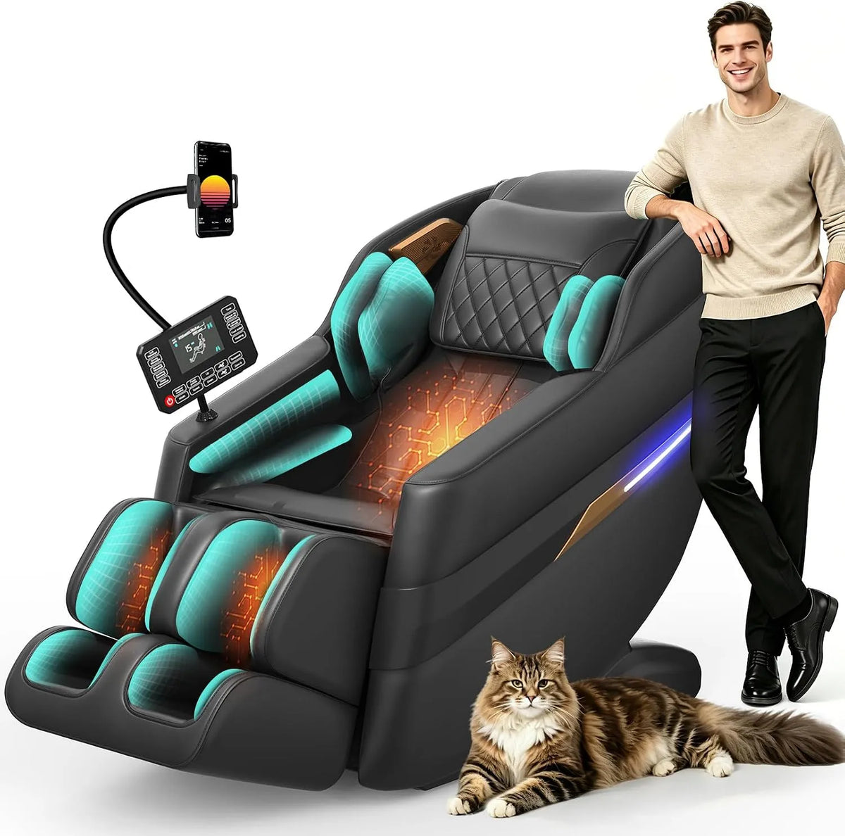 Relax- und Massagesessel, Transportrollen, Bluetooth, 3D-Optik, KI-Sprachsteuerung und Bluetooth-Lautsprecher