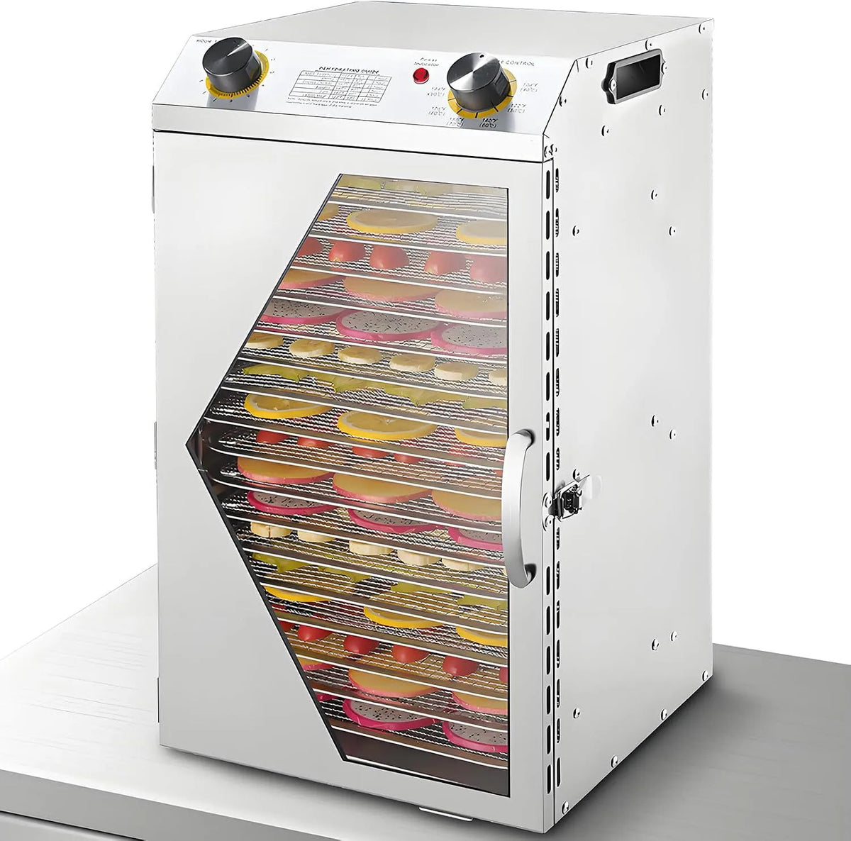 18tiers Trockenschrank, Dörrautomat, Dörrgerät, Lebensmitteltrockner, 28,5×20cm, 40 bis 90 °C, 20 cm, 25 mm, Timer, 2 Temperaturzonen, Edelstahl
