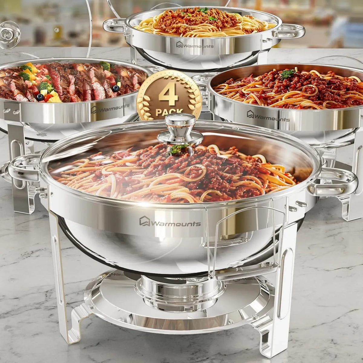 Chafing Dish Warmhaltebehälter, 5 L, WARMOUNTS 4er, Gastronomie, Camping, Edelstahl, Silber, Hochglanzpoliert Edelstahl