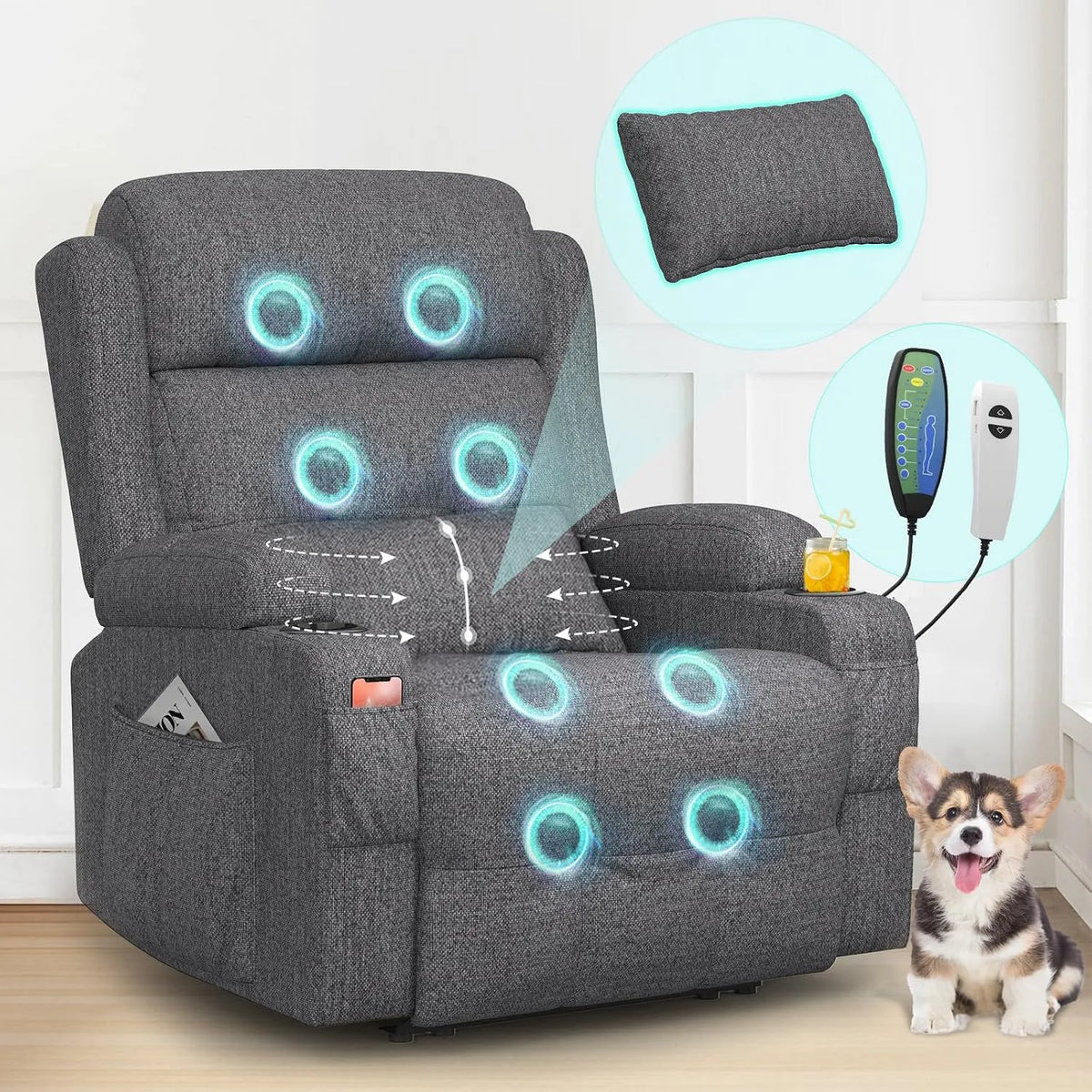 Relax- und Massagesessel, Wohnzimmergestaltung, USB, 2 Seitentaschen Getränkehalter, TYP C & USB-Anschlüsse, TV Sessel für Wohnzimmer