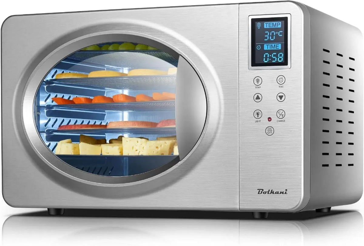 Smartes Thermostat, 500 W, 20 bis 90 °C, Timer, leise, Edelstahl, leise Umluft Sichtfenster und LED Display, Dörrautomat mit 6 Edelstahl-Dörrgitter