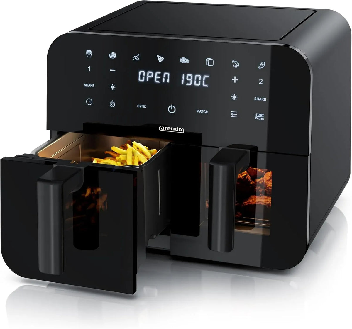 Heißluftfritteuse, Touch-Bedienung, 3D-Optik, Antihaftbeschichtung, XXL Kapazität 2 Fächer, Touchscreen, 3D Umluftsystem